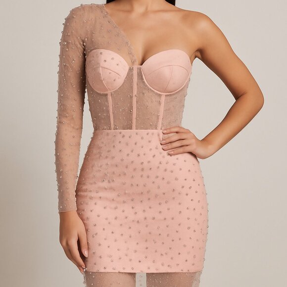 Mac Duggal 30766 Pink Mini Dress with Sheer Embellished Overlay One Shoulder XS - Picture 1 of 8